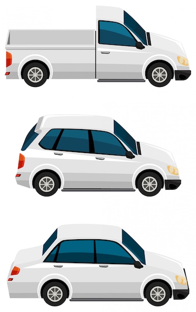 Vector gratuito conjunto de diferentes tipos de coches en color blanco.