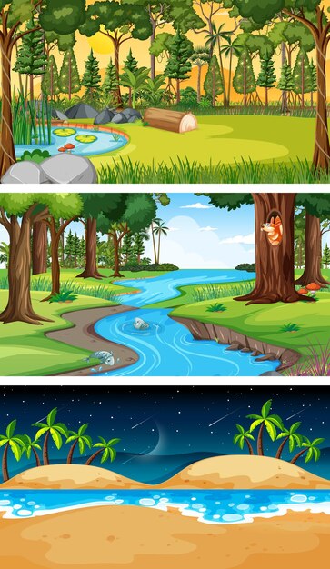 Conjunto de diferentes tipos de escenas horizontales de bosque.