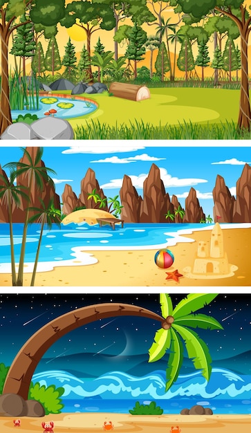 Conjunto de diferentes tipos de escenas horizontales de bosque.