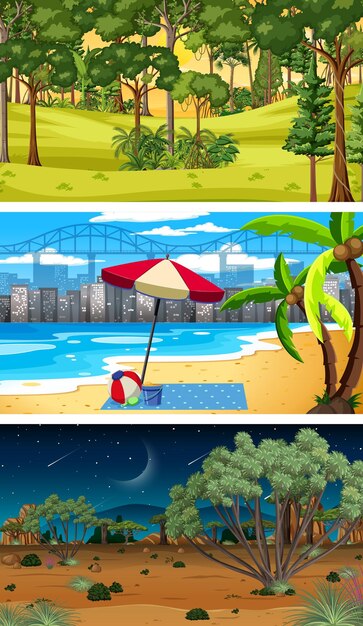 Conjunto de diferentes tipos de escenas horizontales de bosque.