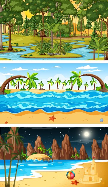 Conjunto de diferentes tipos de escenas horizontales de bosque.