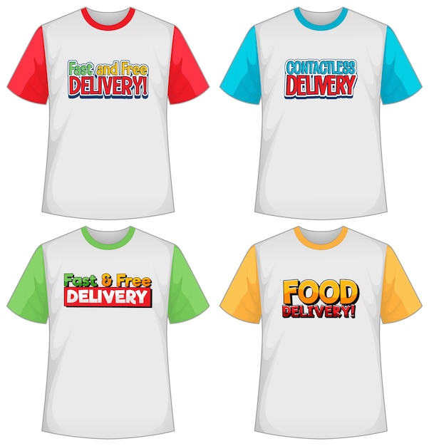 Vector gratuito conjunto de diferentes tipos de pantalla de logotipo de entrega en camiseta de diferente color aislado