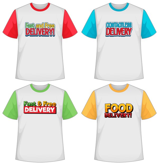 Conjunto de diferentes tipos de pantalla de logotipo de entrega en camiseta de diferente color aislado