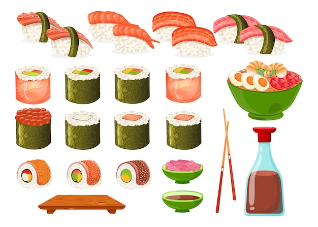 Vector gratuito conjunto de diferentes tipos de sushi y rollos de dibujos animados ilustración