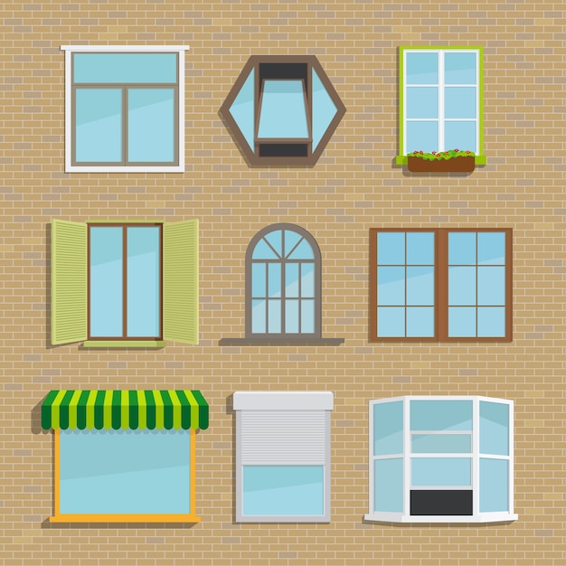 Vector gratuito conjunto de diferentes tipos de ventanas. casa y arquitectura, persianas y contraventanas, toldo y marea