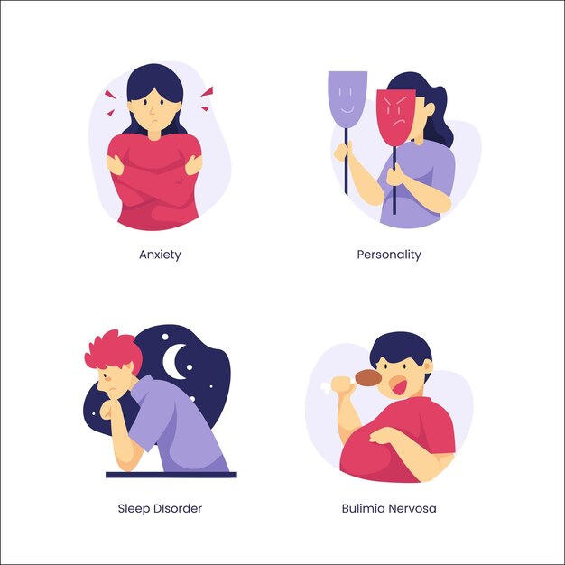 Conjunto de diferentes trastornos mentales de diseño plano.