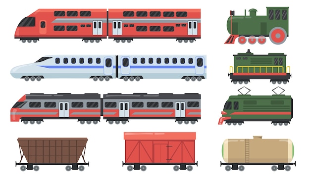 Conjunto de diferentes trenes. locomotora, vagón de pasajeros, vagón de mercancías, vagón cisterna, tren de cercanías. ilustraciones vectoriales para viajes, desplazamientos, carga, concepto de transporte ferroviario