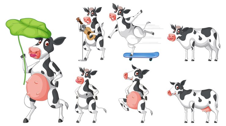 Vector gratuito conjunto de diferentes vacas lecheras en estilo de dibujos animados