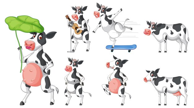Conjunto de diferentes vacas lecheras en estilo de dibujos animados