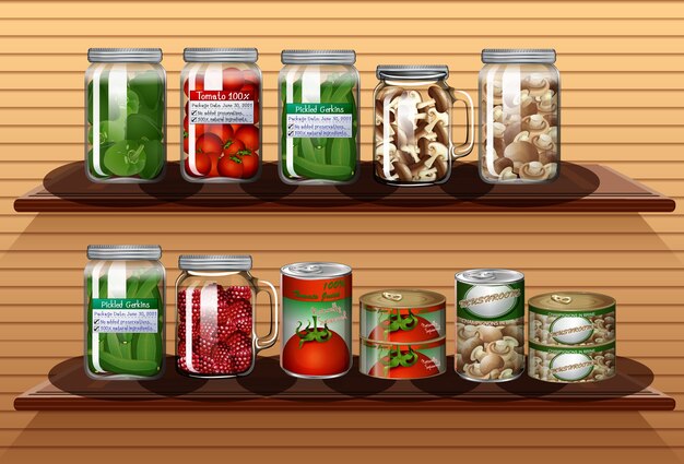 Conjunto de diferentes verduras en diferentes frascos y alimentos enlatados en estantes de pared