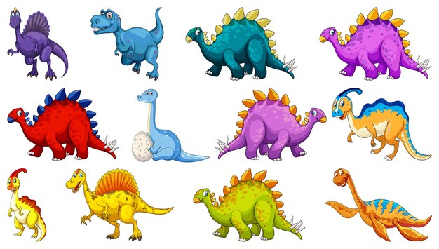 Conjunto de dinosaurios sobre fondo blanco.