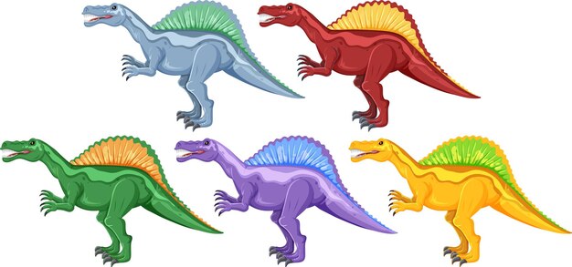 Un conjunto de dinosaurios spinosaurus sobre fondo blanco.