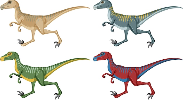 Un conjunto de dinosaurios velociraptor sobre fondo blanco.