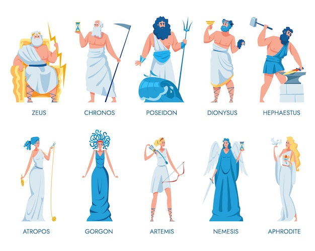 Conjunto de dioses y diosas griegos antiguos. Establecer ilustración