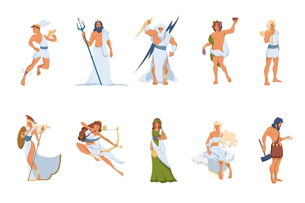 Vector gratuito conjunto de dioses y diosas griegos. atenea, hermes, venus, poseidón, zeus, dioniso, artemisa, hefesto, deméter, apolo