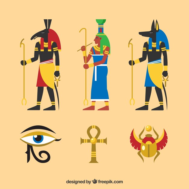 Conjunto de dioses y símbolos egiptos