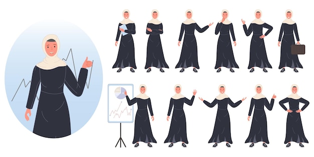 Conjunto de diseño de avatar de personaje árabe de mujer de negocios