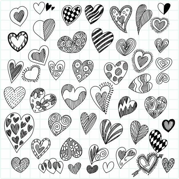 Conjunto de diseño de boceto de diferentes corazones doodle