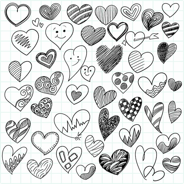 Vector gratuito conjunto de diseño de boceto de diferentes corazones doodle