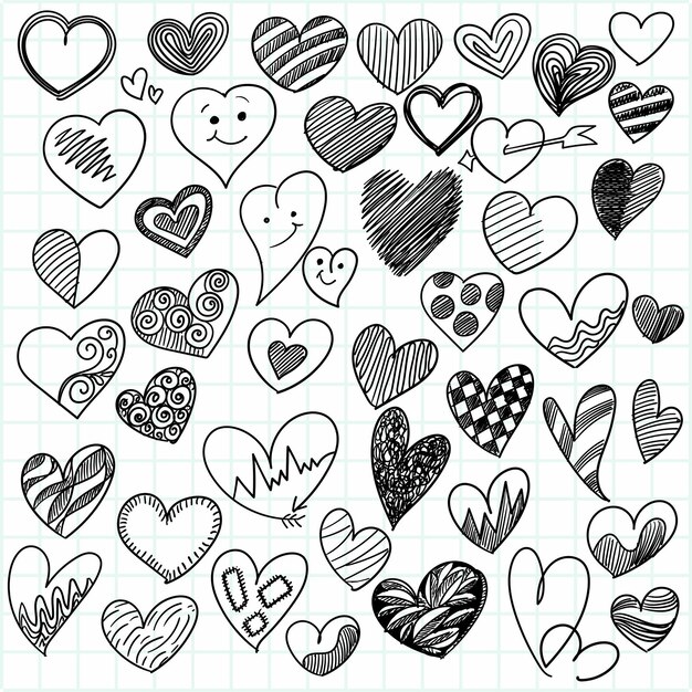 Conjunto de diseño de boceto de diferentes corazones doodle