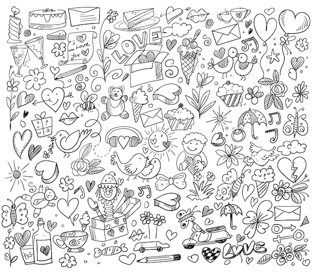 Vector gratuito conjunto de diseño de boceto de diferentes corazones doodle