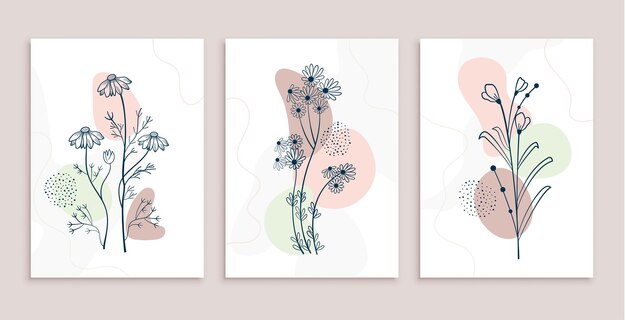 Conjunto de diseño de cartel de flores y hojas de arte de línea mínima