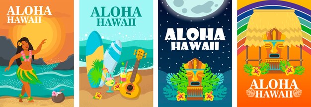 Conjunto de diseño de carteles de Aloha Hawaii. Ilustración de vector de playa tropical, bailarina, tabla de surf y ukelele