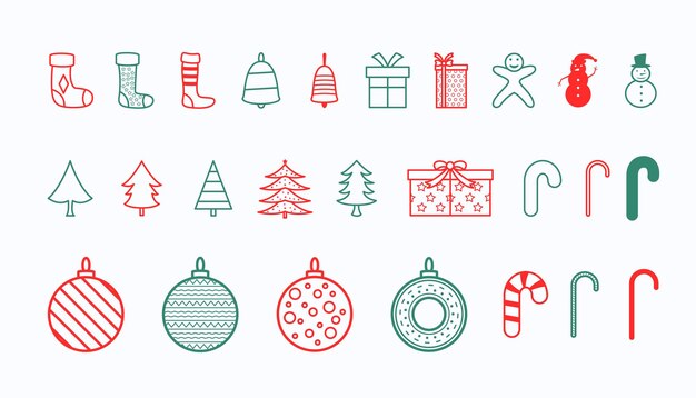 Conjunto de diseño de elementos de decoración de navidad en estilo de línea