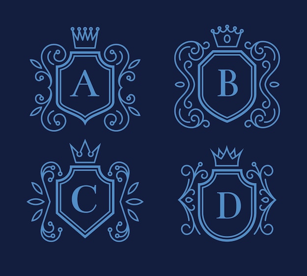 Conjunto de diseño de logotipo o monograma con escudos y coronas. marco victoriano