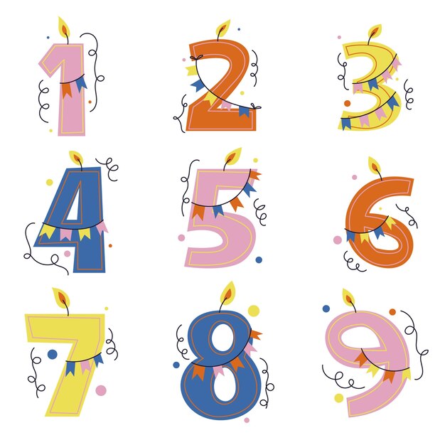 Conjunto de diseño de números de cumpleaños dibujados a mano