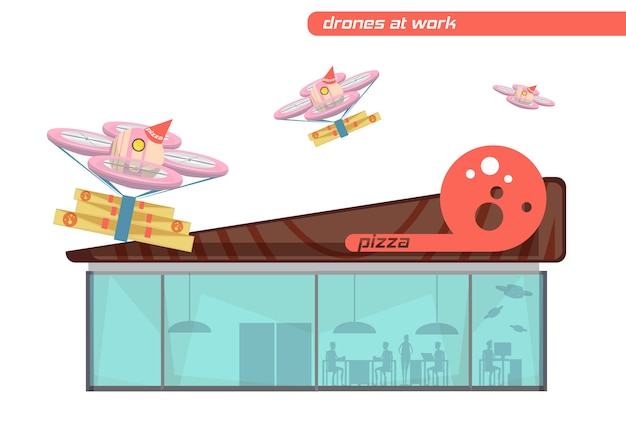 Conjunto de diseño plano de aviones no tripulados volando entrega de pizza en el fondo blanco