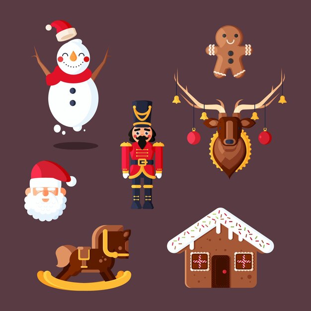 Conjunto de diseño plano de elementos navideños