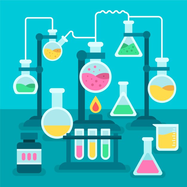 Conjunto de diseño plano de objetos de laboratorio de ciencias