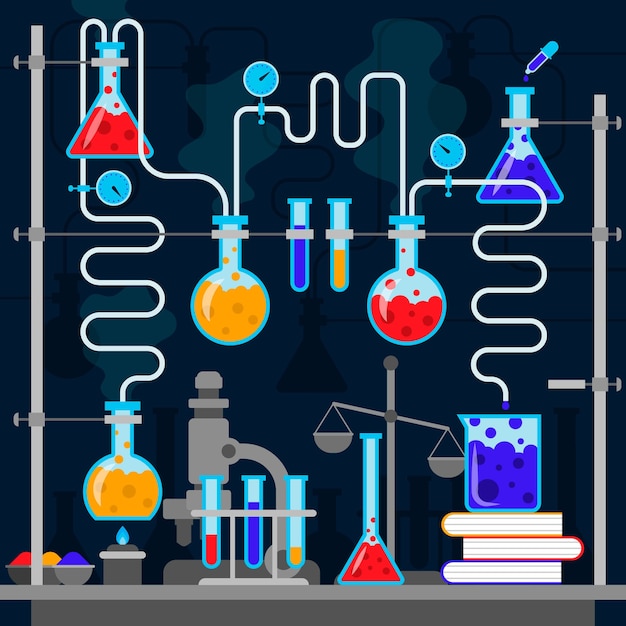 Conjunto de diseño plano de objetos de laboratorio de ciencias