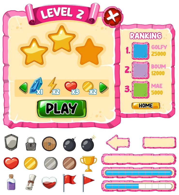 Vector gratuito conjunto de diseño de plantilla de elemento de juego