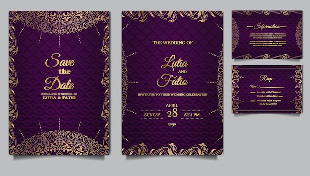 Vector gratuito conjunto de diseño de plantilla en relieve de tarjeta de invitación de boda de lujo