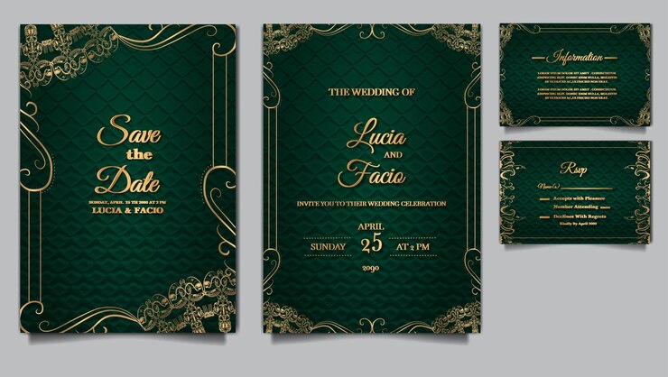 Vector gratuito conjunto de diseño de plantilla en relieve de tarjeta de invitación de boda de lujo