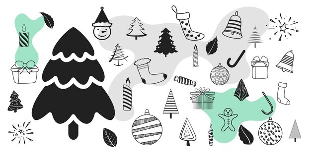 Conjunto de diseño de símbolos decorativos de navidad dibujados a mano.