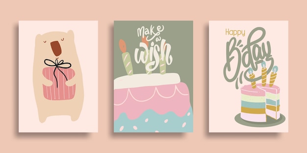 Conjunto de diseño de tarjetas de felicitación de cumpleaños.