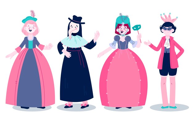 Conjunto de disfraces de personajes de carnaval veneciano.