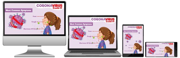 Conjunto de dispositivos móviles con información de covid-19 en la pantalla del escritorio