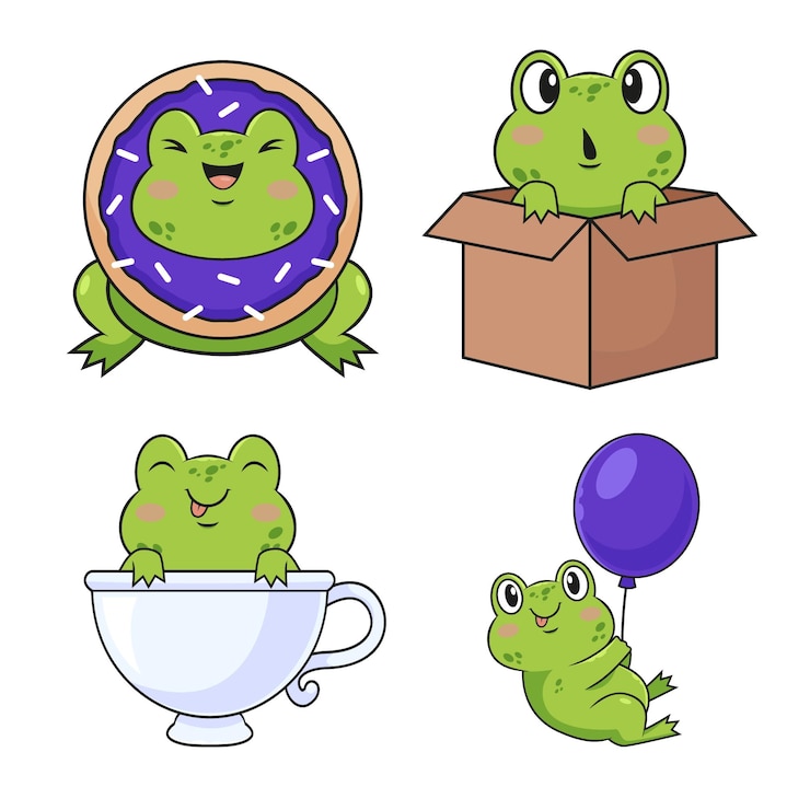 Vector gratuito conjunto de divertidas ranas de dibujos animados dibujadas a mano con globo de taza de caja de donas