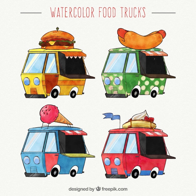 Conjunto divertido de food trucks en acuarela