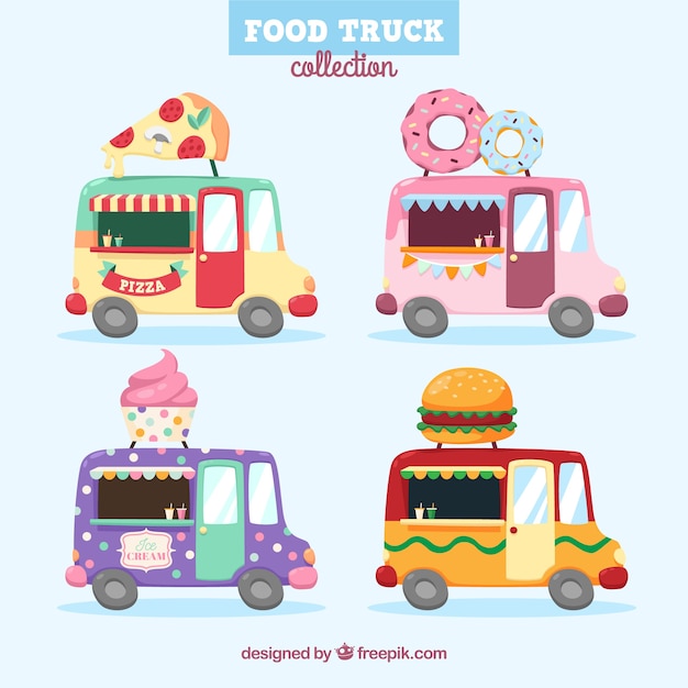 Conjunto divertido de food trucks coloridas