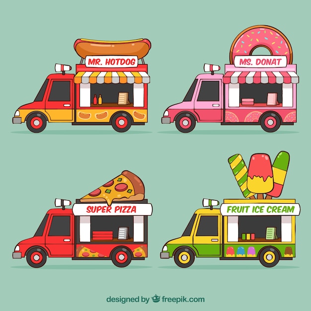 Conjunto divertido de food trucks dibujadas a mano