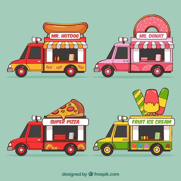 Conjunto divertido de food trucks dibujadas a mano