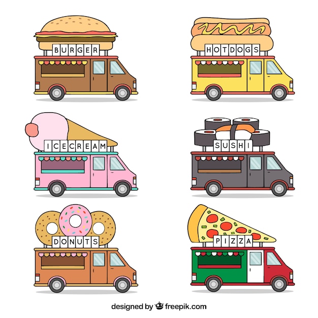 Vector gratuito conjunto divertido de food trucks dibujadas a mano