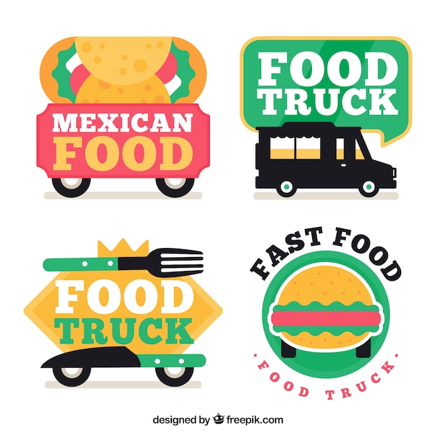 Conjunto divertido de logos planos de food truck