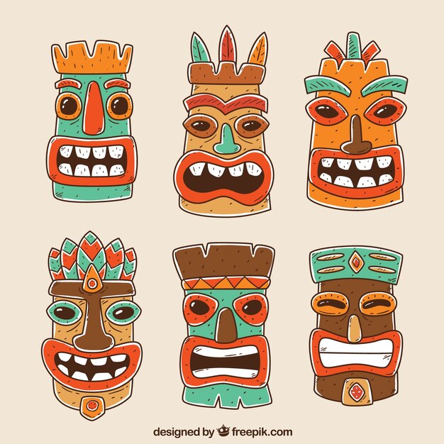 Conjunto divertido de máscaras hawaianas dibujadas a mano