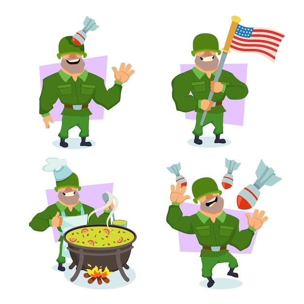 Conjunto de divertidos dibujos animados soldado cocinando en una fogata sosteniendo la bandera de estados unidos recibiendo un disparo en la cabeza